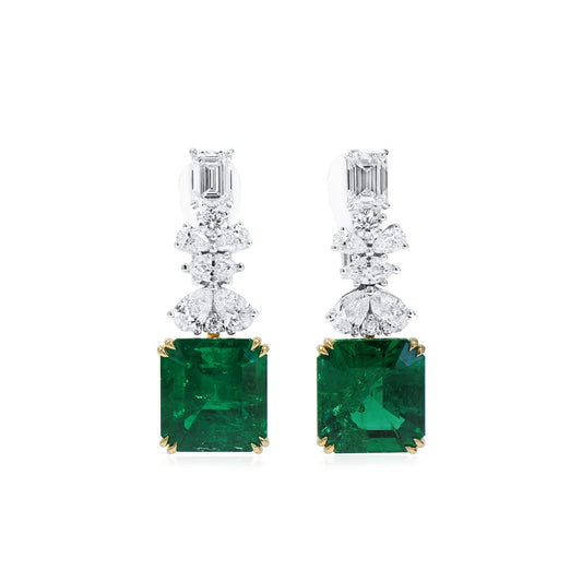Natural Green Colombia Emerald Earrings, 15.34 Ct. TW, Emerald shape, GRS Certified