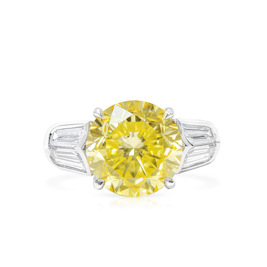 Natural Yellow Diamond Ring with Double Side Stone Diamonds, Round-Cut, 18K White Gold, 1.09 Ct. TW