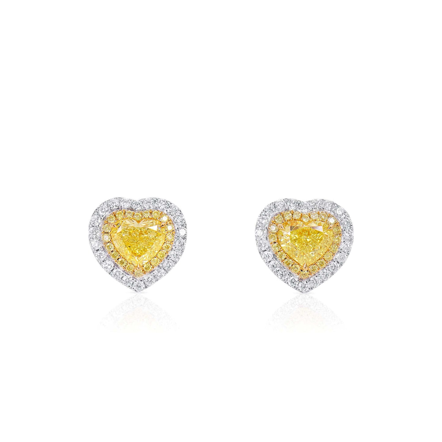 Natural Fancy Yellow & White Cluster Earrings, 18K White & Yellow Gold, Heart Shape, 2.60 Ct. TW