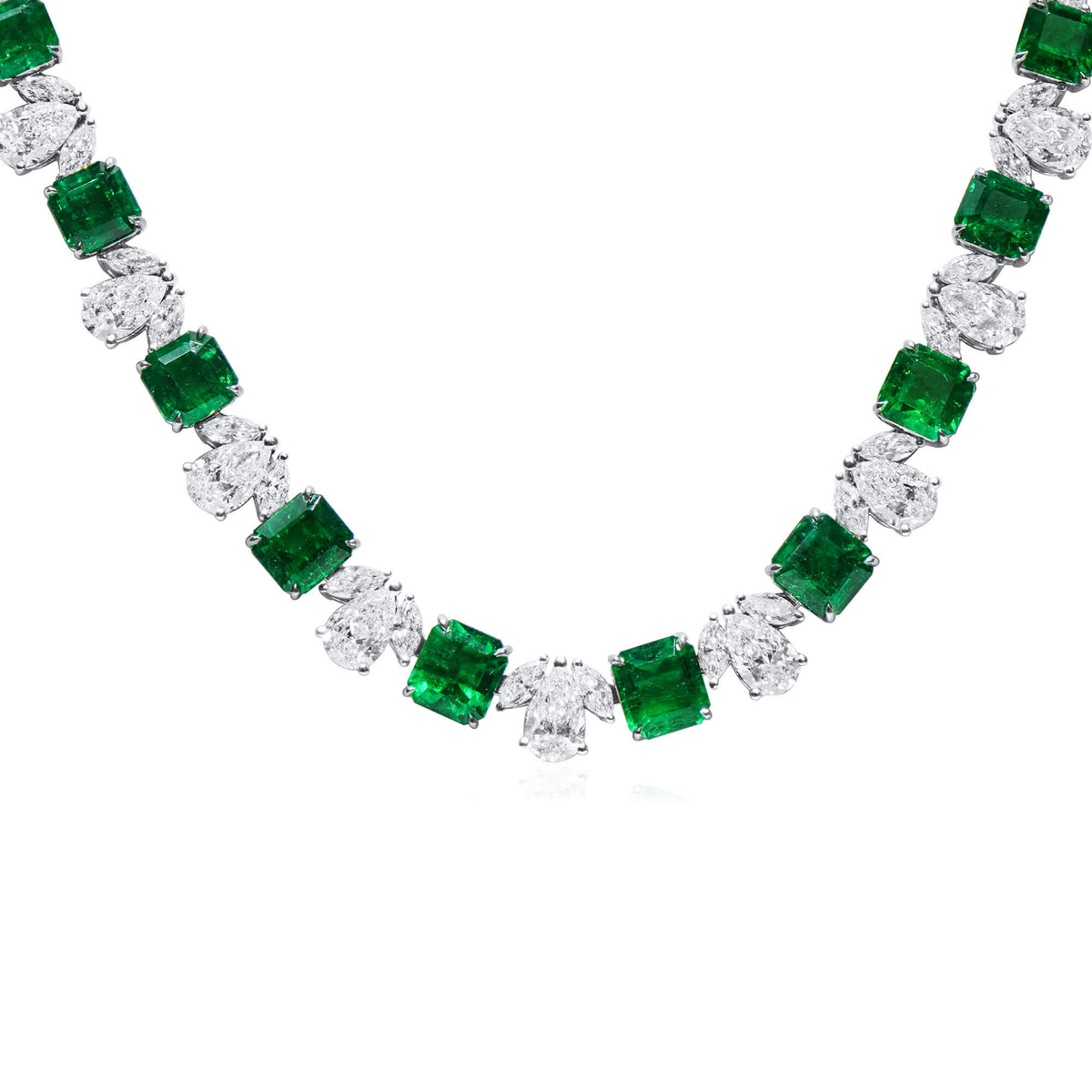 Natural 41.43 Ct. TW Emerald & Diamond Chain Necklace, 18K White Gold