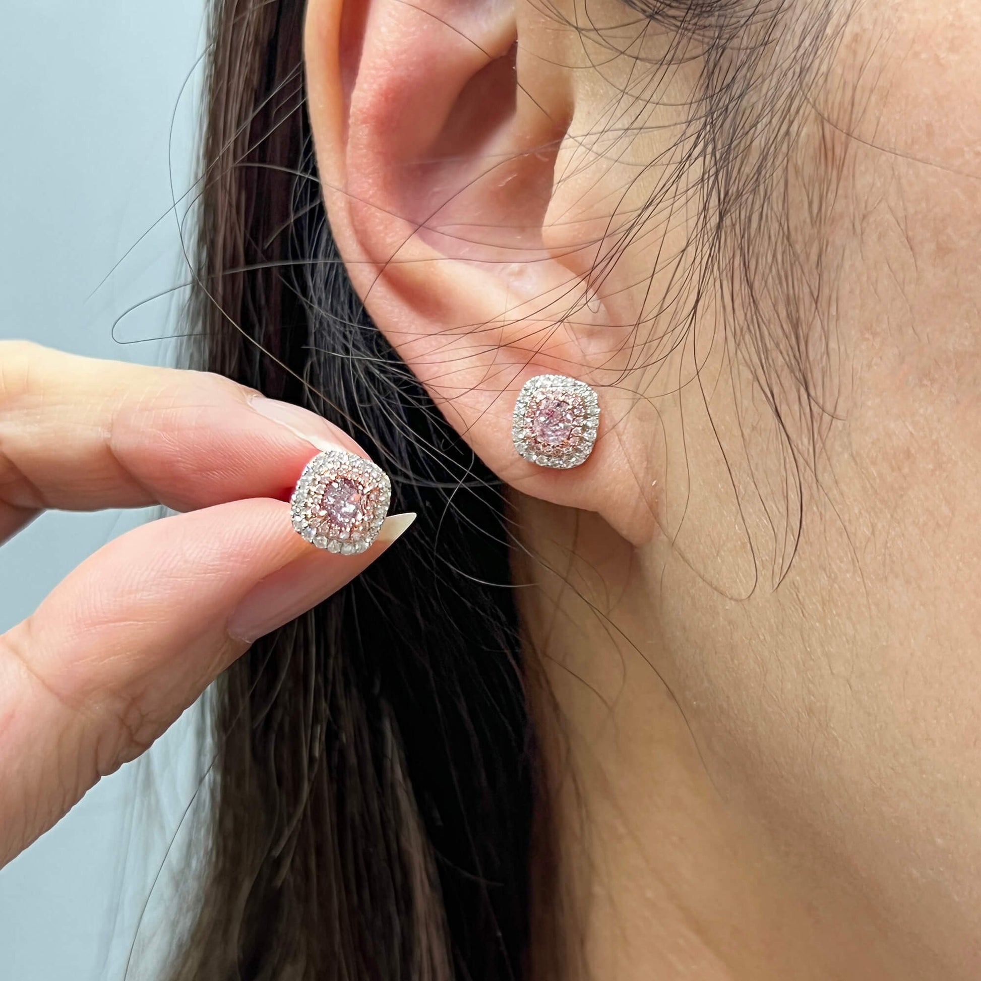 Very Light Pink Diamond Earrings, 0.99 Ct. TW, Cushion shape, GIA Certified