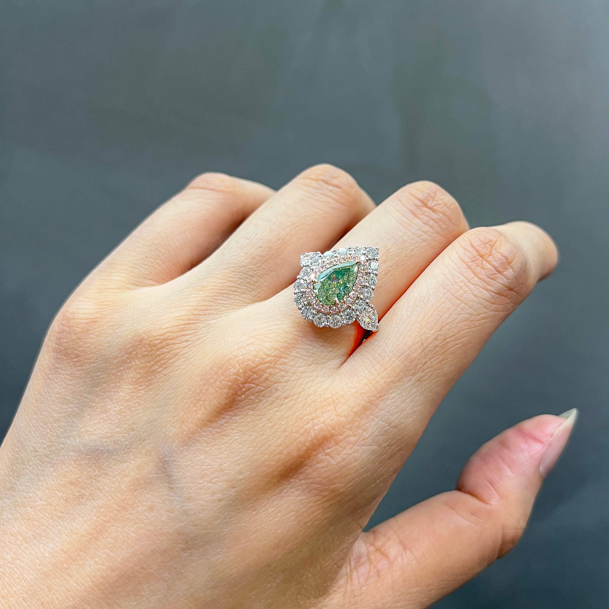 Fancy Grayish Greenish Yellow Diamond Ring, 3.84 Ct. TW, Pear shape, GIA Certified