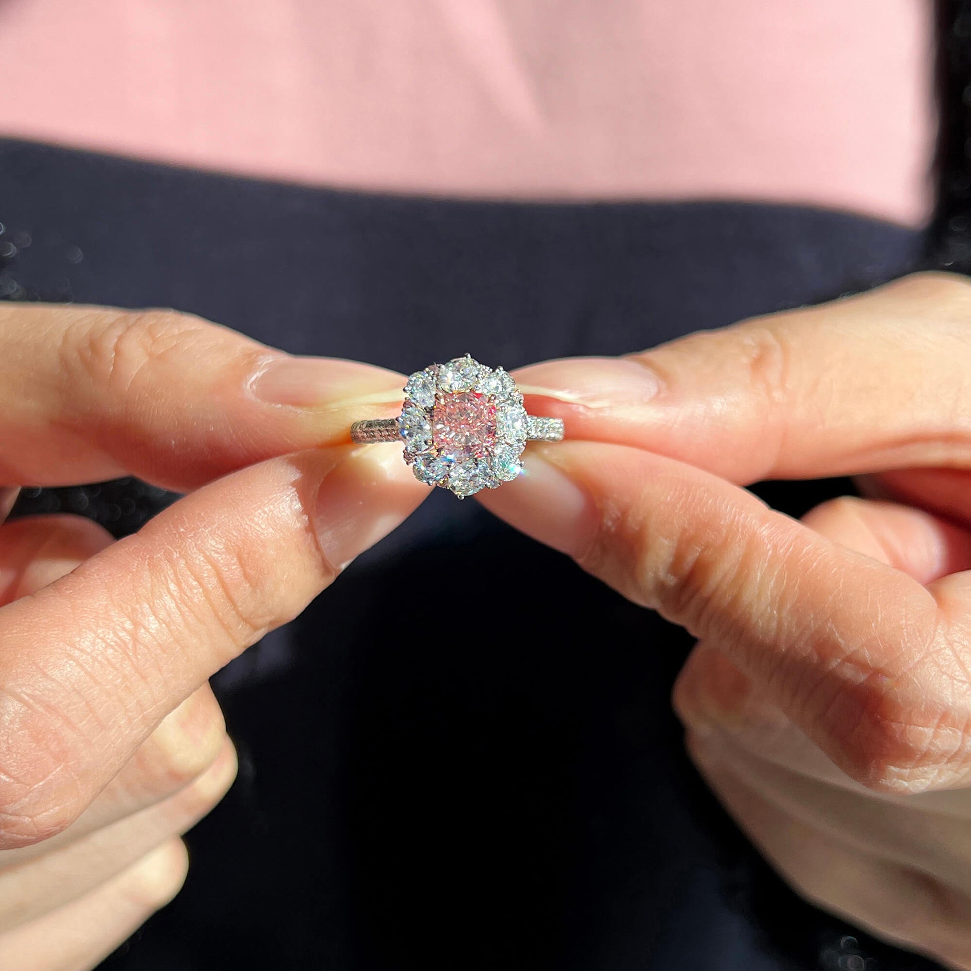 Natural Fancy Brownish Pink Diamond Halo Ring, 18K White Gold, Cushion Shape, 2.21 Ct. TW