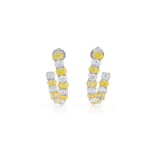 Natural Fancy Yellow & White Hoop Earrings, 18K White & Yellow Gold, Oval Shape, 4.80 Ct. TW