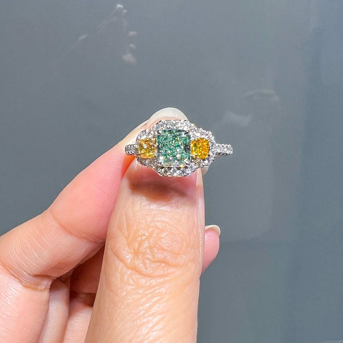Natural Very Light Green Diamond Ring, 18K White Gold, Radiant Shape, 2.05 Ct. TW