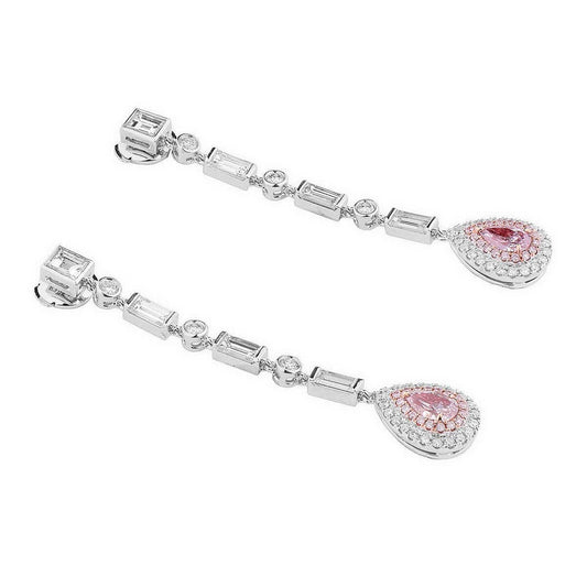 Natural Pink & White Diamond Drop Earrings, 18K White Gold, Pear Shape, 2.90 Ct. TW