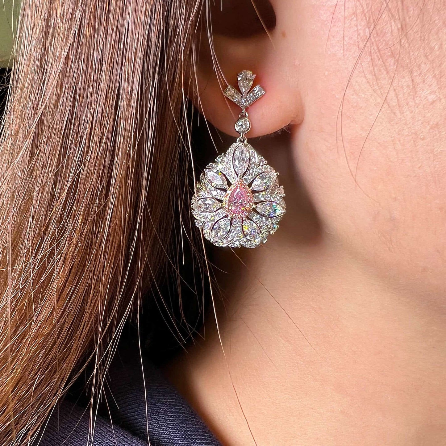 Natural Light Pink & White Diamond Drop Earrings, 18K White Gold, Pear Shape, 5.31 Ct. TW