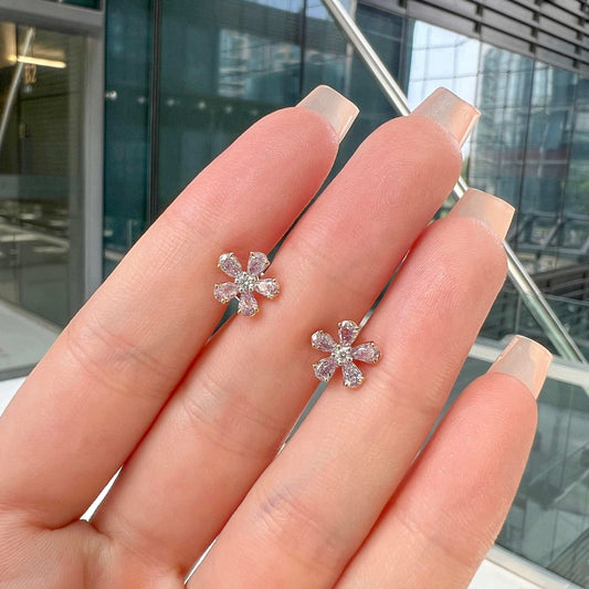 Natural Pink & White Diamond Flower Earrings, 18K White & Rose Gold, 1.00 Ct. TW