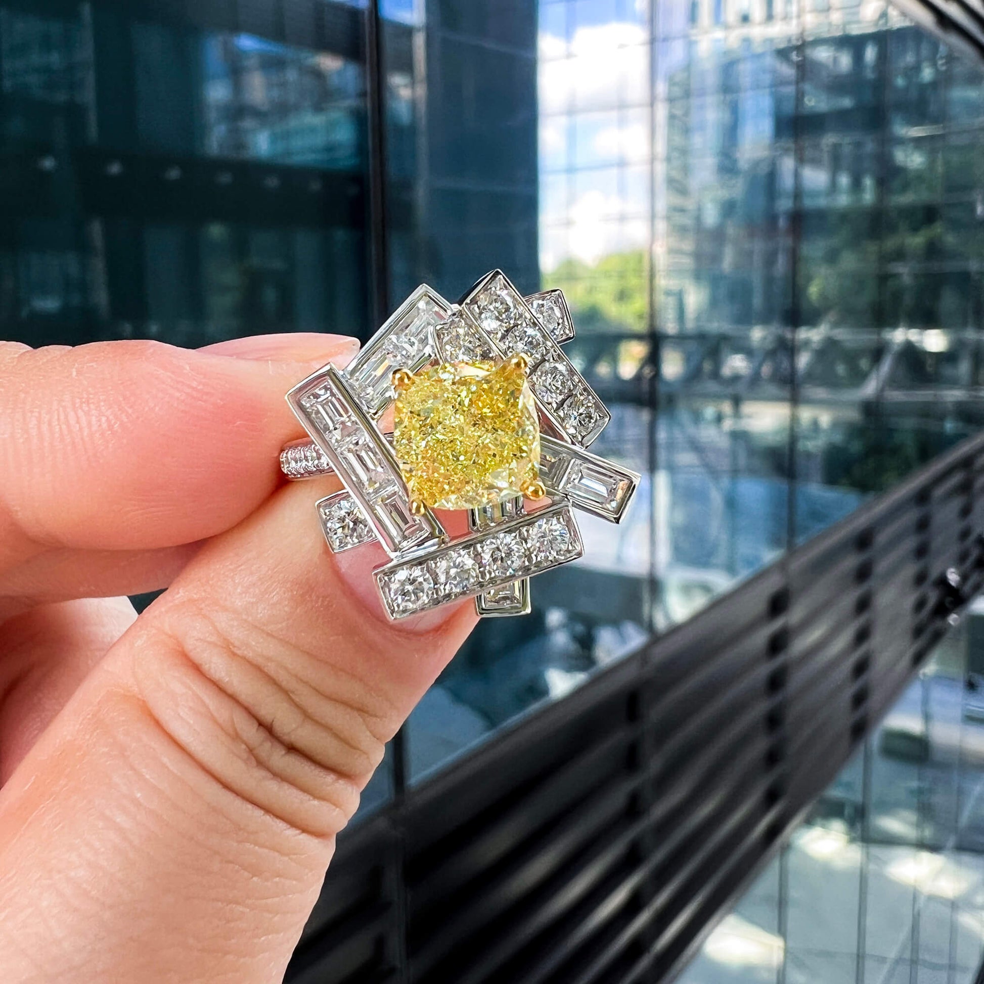 Fancy Yellow Diamond Ring, 4.93 Ct. TW, Cushion shape, GIA Certified