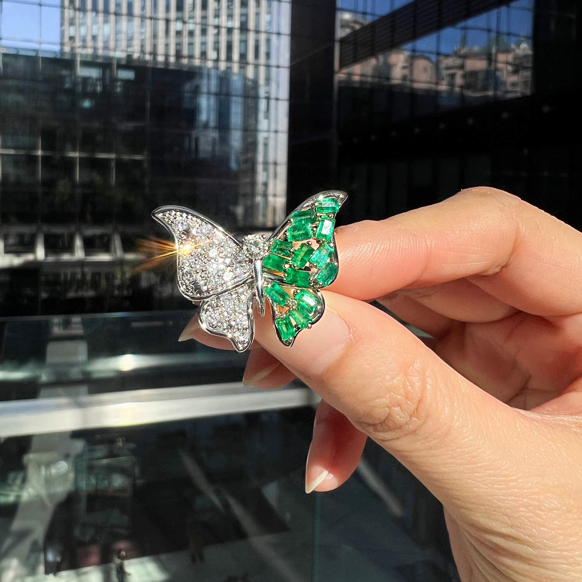 Natural Emerald And Diamond Butterfly Ring, 14K White Gold, 1.96 Ct. TW