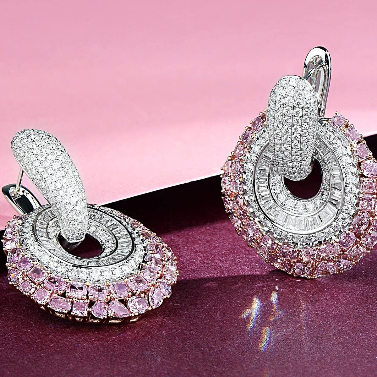 Natural Pink & White Diamond Drop Earrings, 18K White & Rose Gold, 12.80 Ct. TW