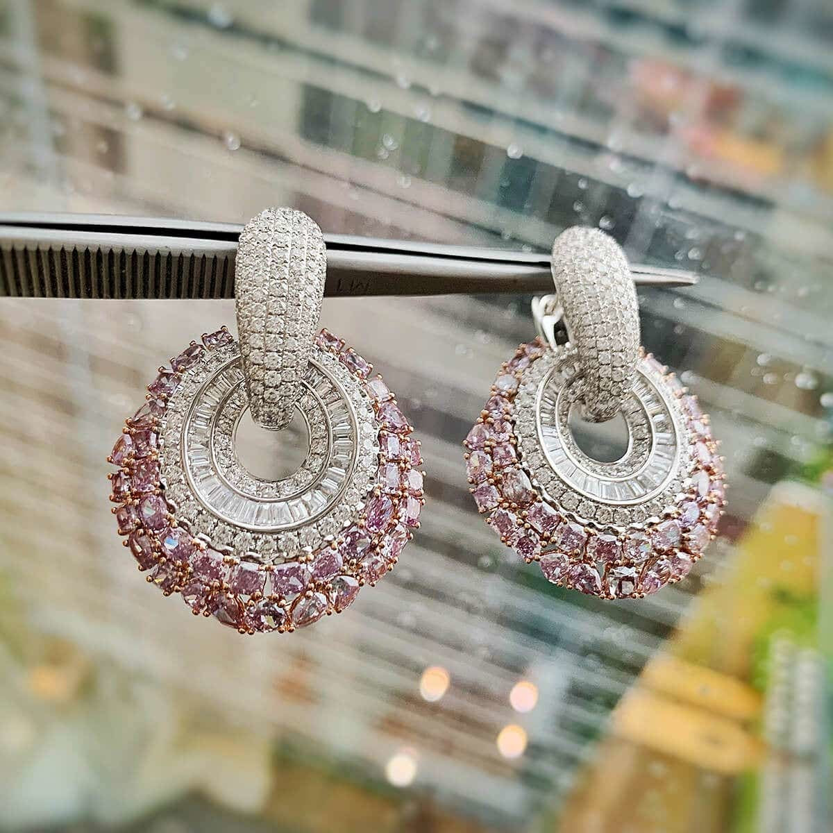 Natural Pink & White Diamond Drop Earrings, 18K White & Rose Gold, 12.80 Ct. TW