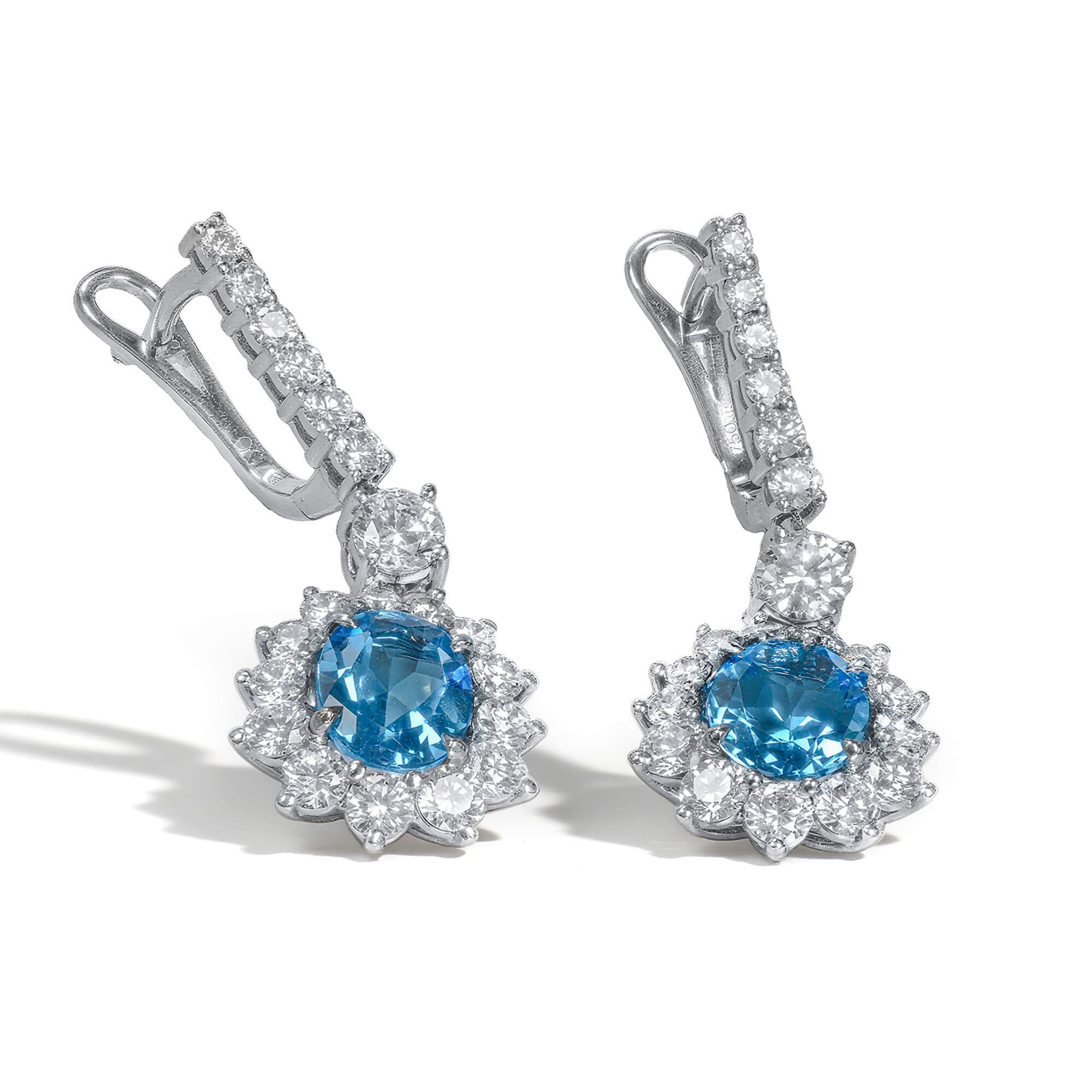 Natural Diamond and Blue Tourmaline Drop Earrings, 18K White Gold, Oval Shape, 7.14 Ct. TW