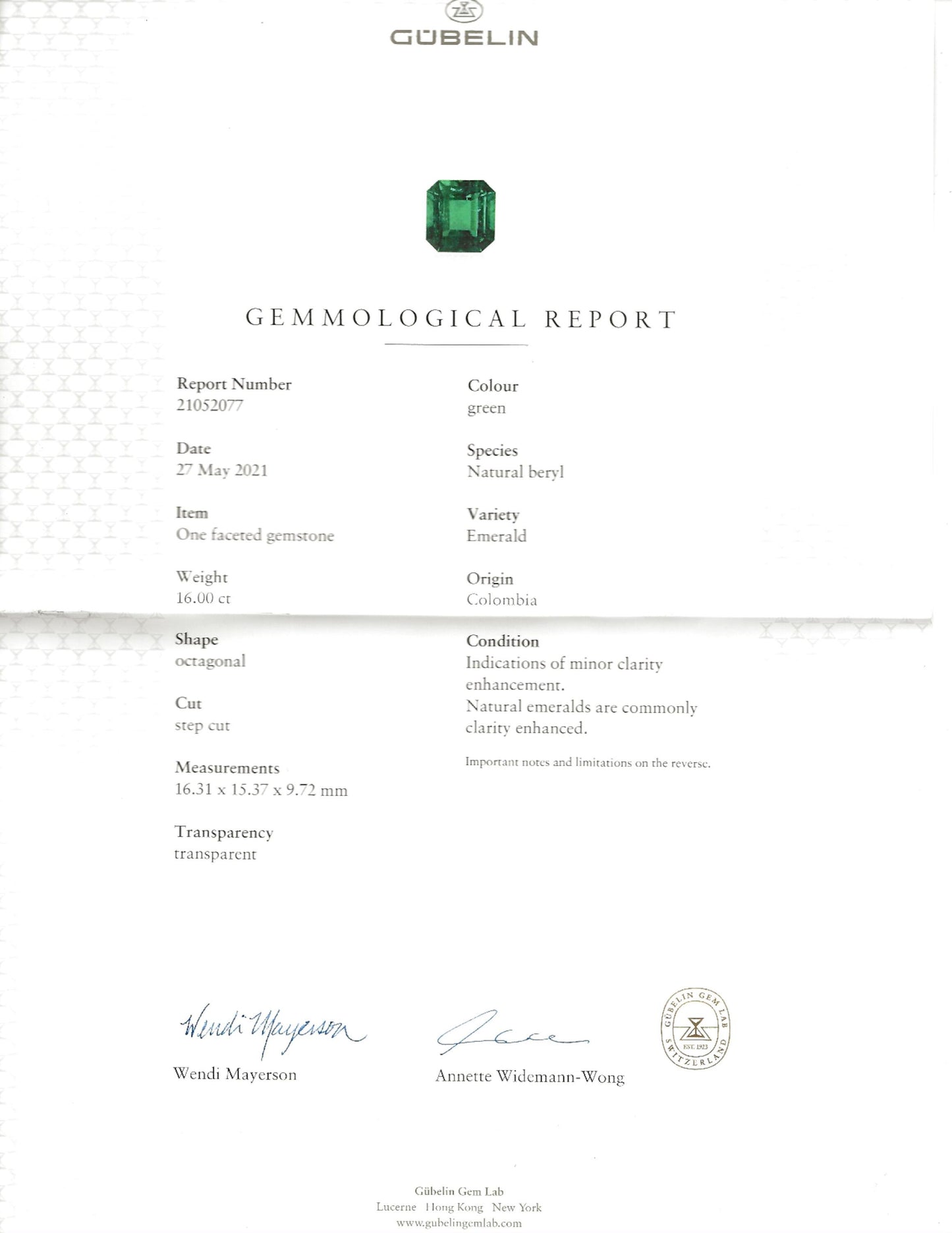 Natural Green Colombia Emerald Ring, 17.20 Ct. TW, Octagonal shape, GUBELIN Certified
