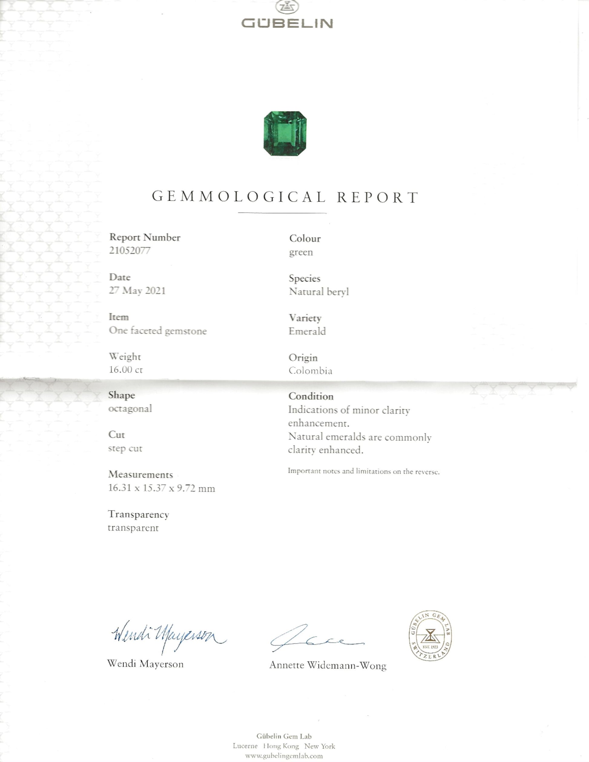 Natural Green Colombia Emerald Ring, 17.20 Ct. TW, Octagonal shape, GUBELIN Certified