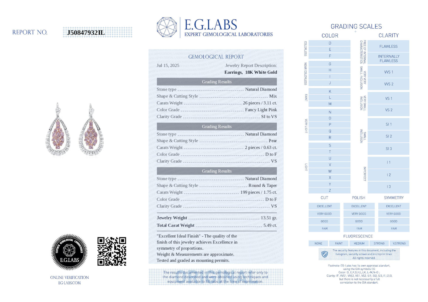White Diamond Earrings, 5.49 Ct. TW, Round Shape, EG_LAB Certified