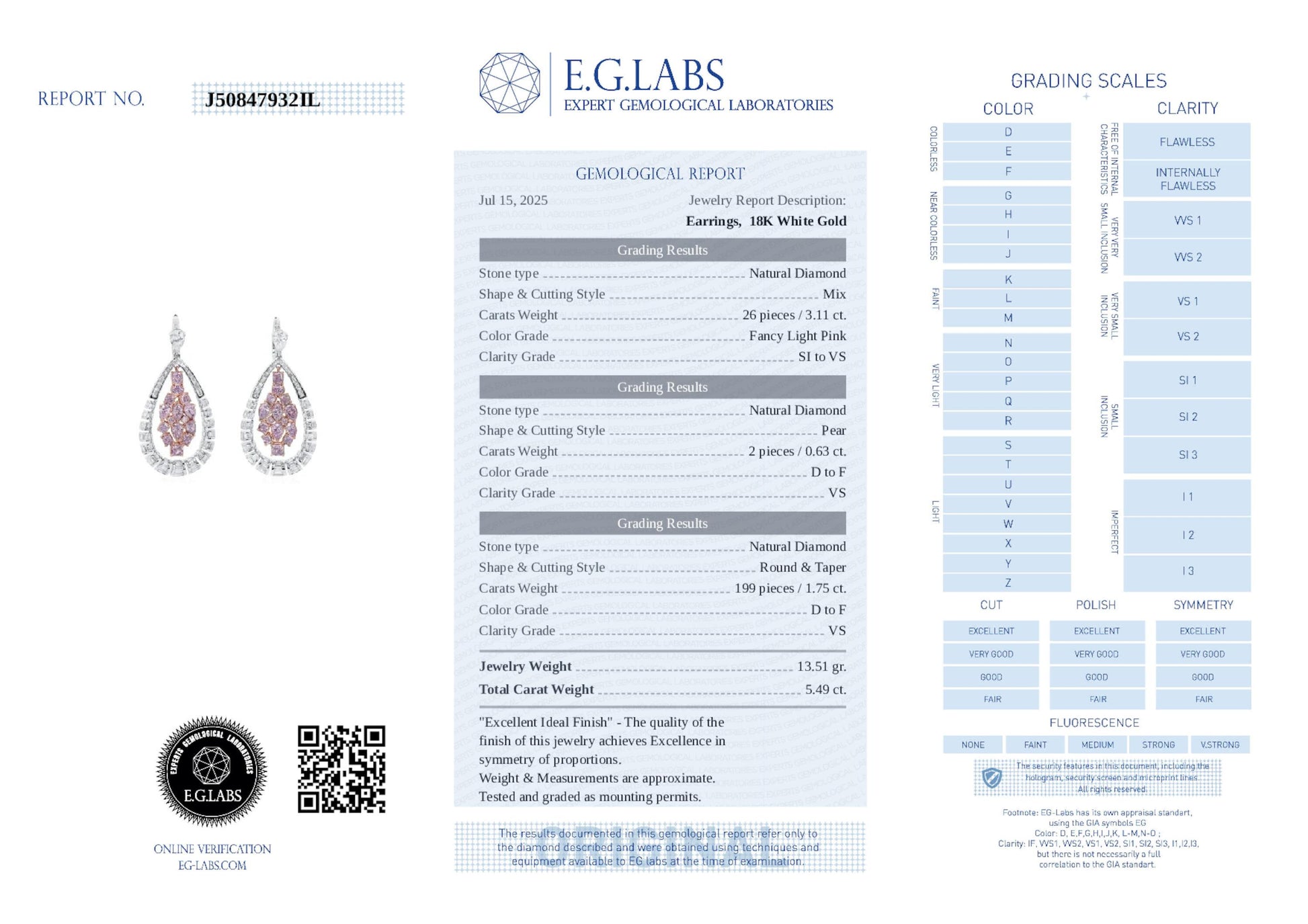 White Diamond Earrings, 5.49 Ct. TW, Round Shape, EG_LAB Certified