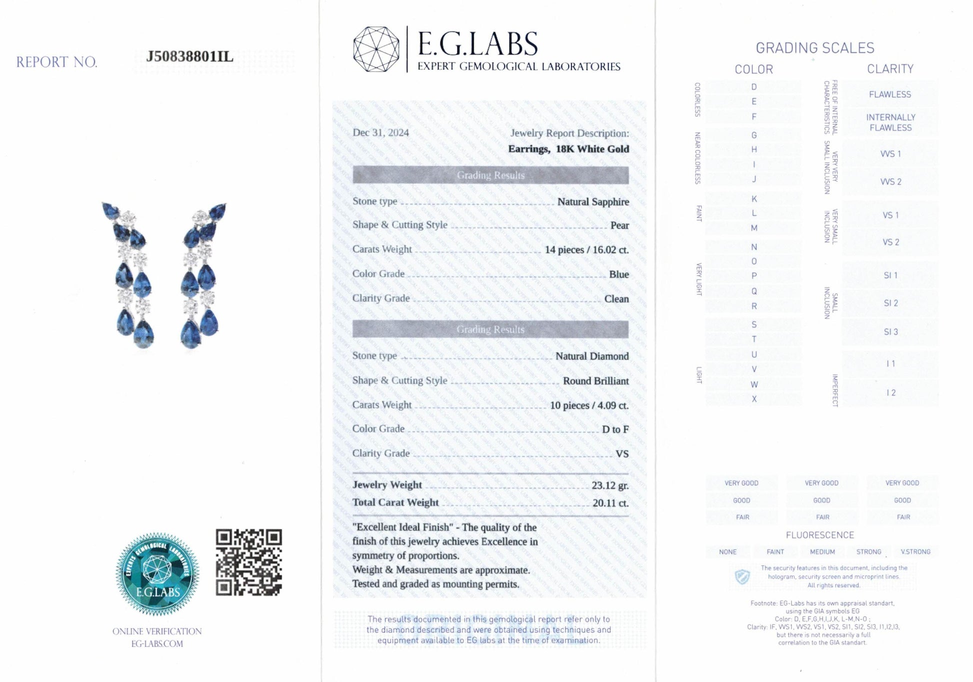 Natural Blue Sapphire Earrings, 20.11 Ct. TW, Pear shape EG_LAB Certified