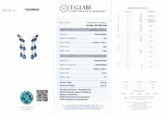 Natural Blue Sapphire Earrings, 20.11 Ct. TW, Pear shape EG_LAB Certified