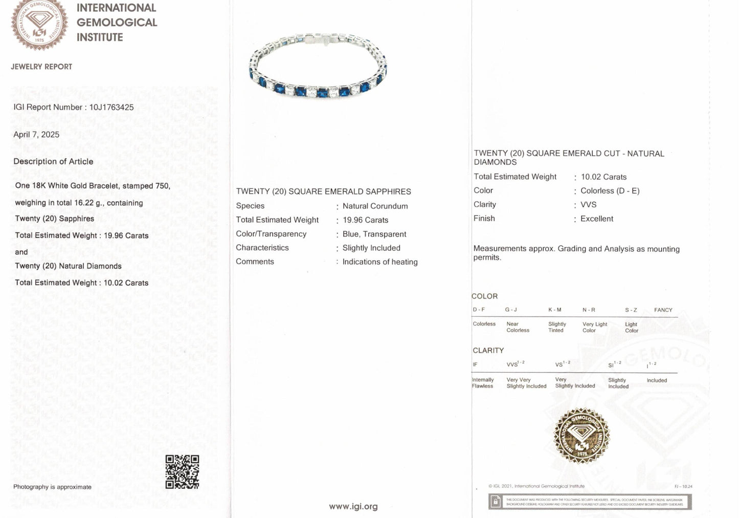 White Diamond Bracelet, 19.96 Ct. TW, Asscher Shape, GIA Certified