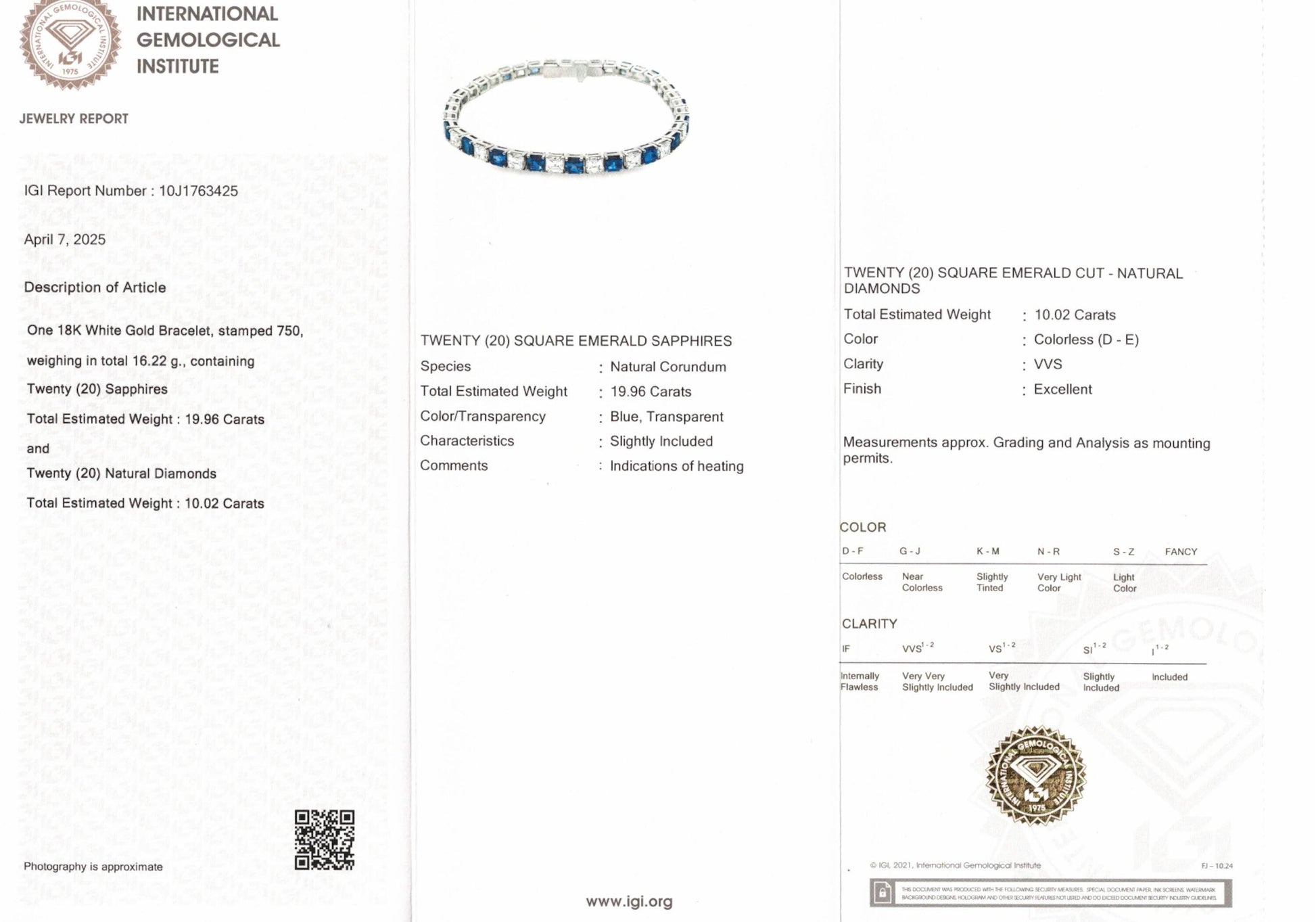 White Diamond Bracelet, 19.96 Ct. TW, Asscher Shape, GIA Certified