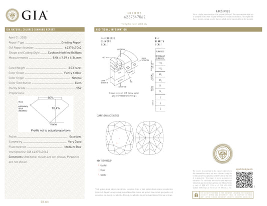 Fancy Yellow Diamond Ring, 4.40 Ct. TW, Cushion shape, GIA Certified