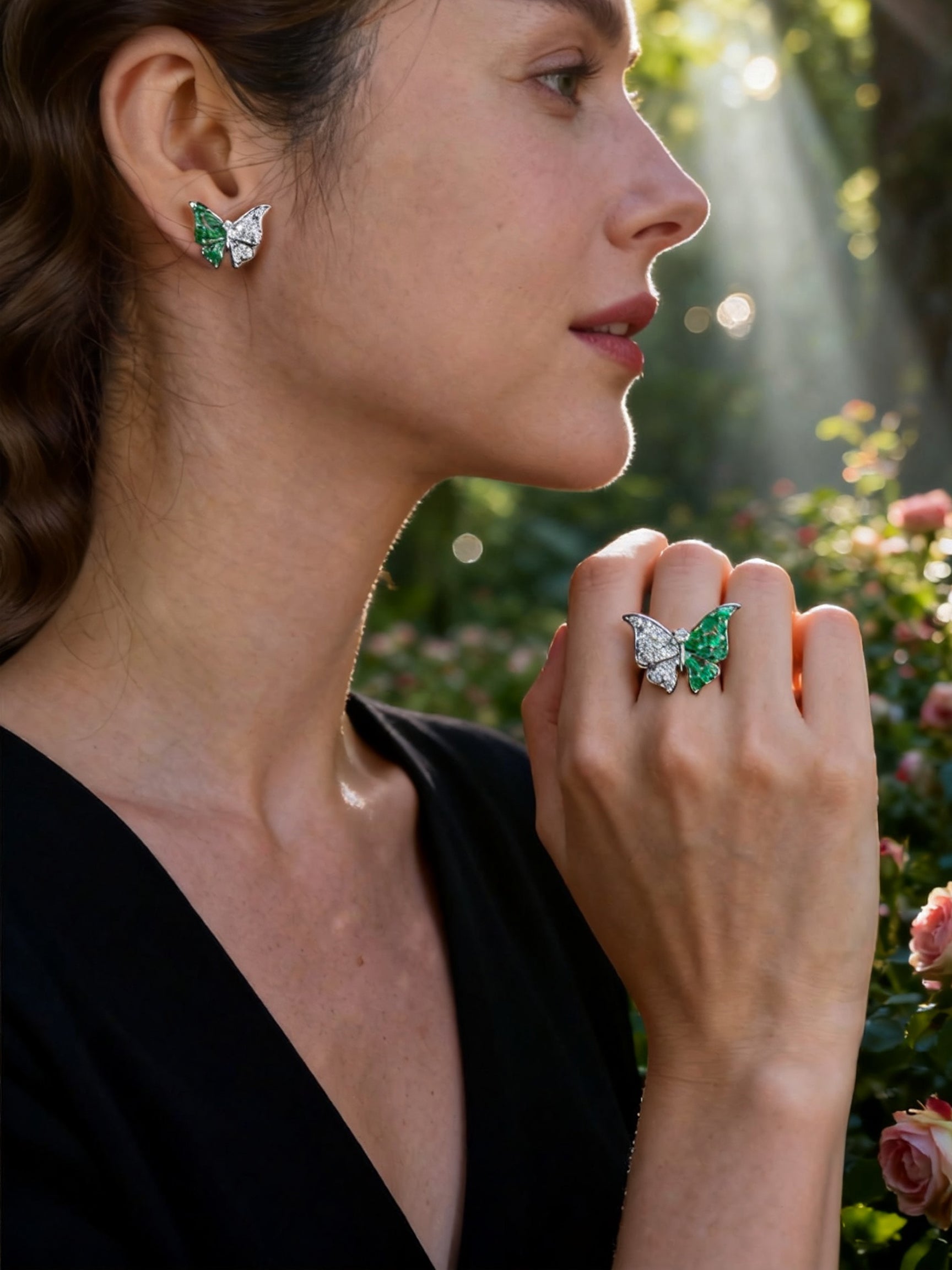 Natural 3.17 Ct. TW Emerald & Diamond Butterfly Jewelry Set, 14K White Gold