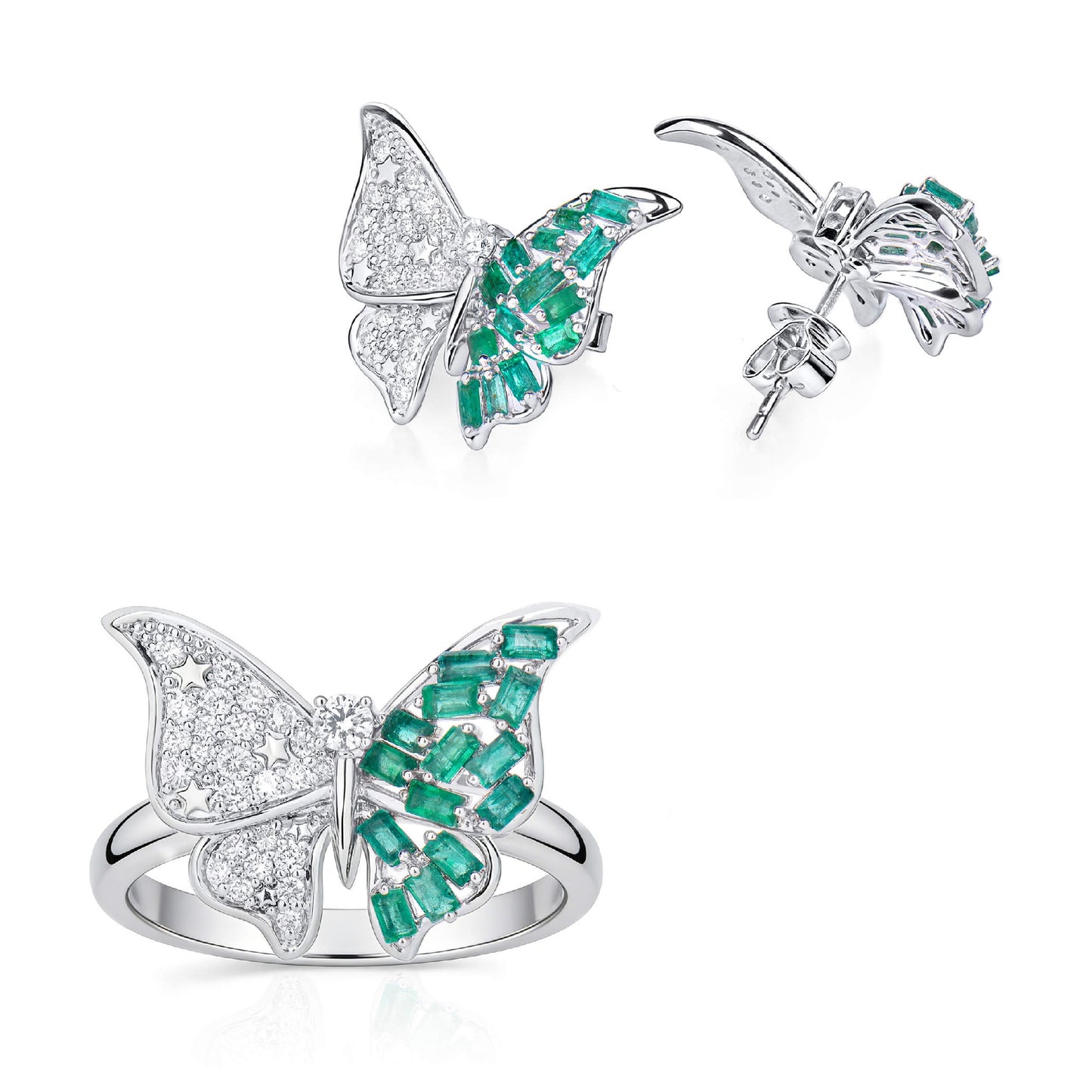 Natural 3.17 Ct. TW Emerald & Diamond Butterfly Jewelry Set, 14K White Gold