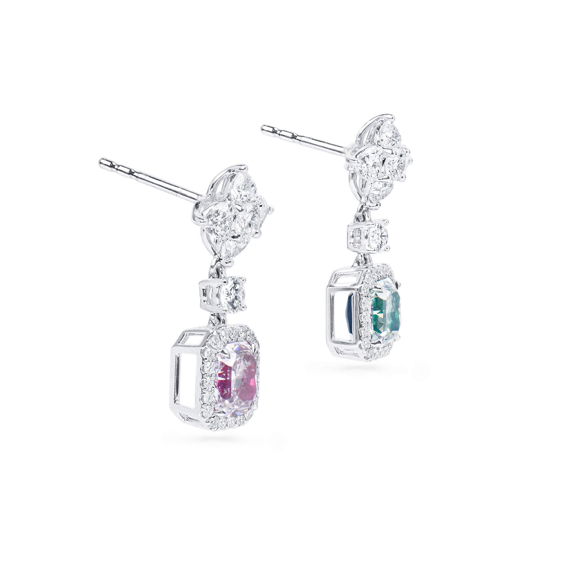 Pink And Green Diamond Drop Earrings, 2.78 Ct. TW, Radiant shape, GIA Certified
