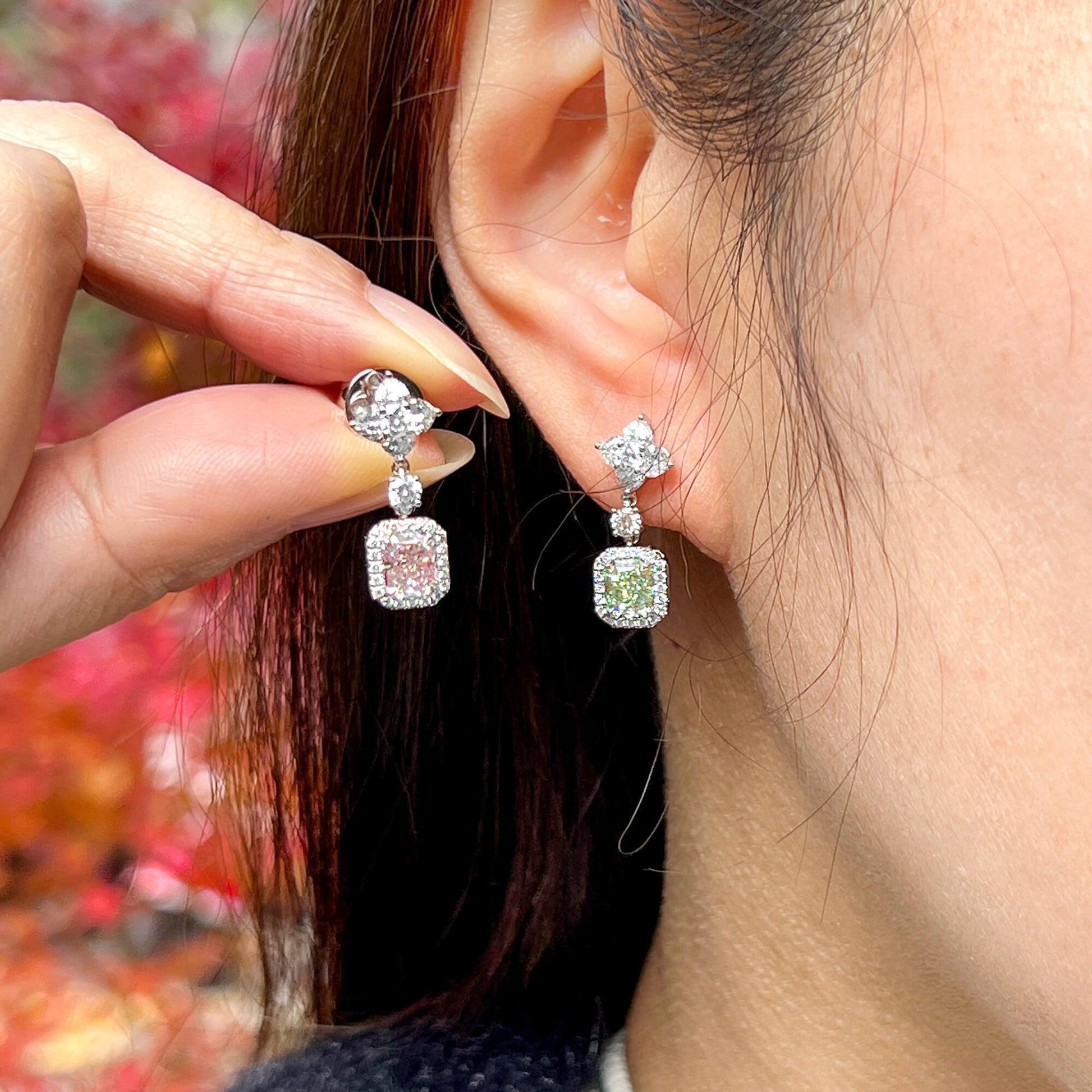 Pink And Green Diamond Drop Earrings, 2.78 Ct. TW, Radiant shape, GIA Certified