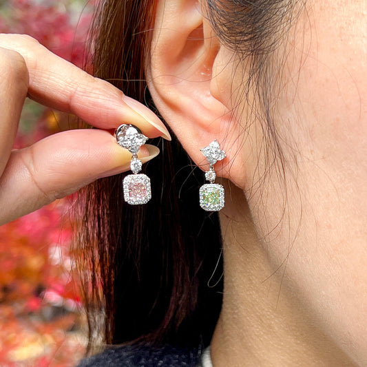 Pink And Green Diamond Drop Earrings, 2.78 Ct. TW, Radiant shape, GIA Certified