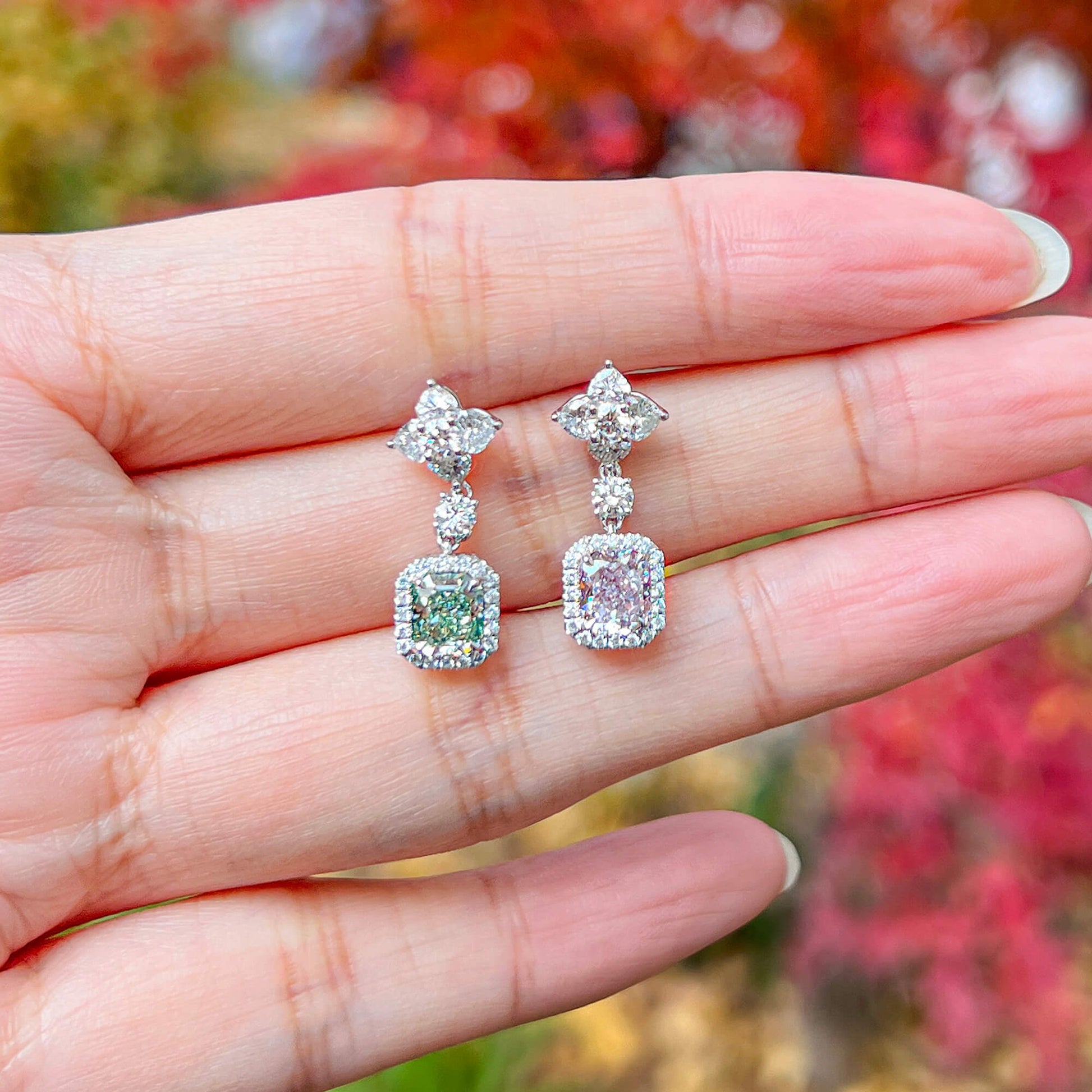 Pink And Green Diamond Drop Earrings, 2.78 Ct. TW, Radiant shape, GIA Certified