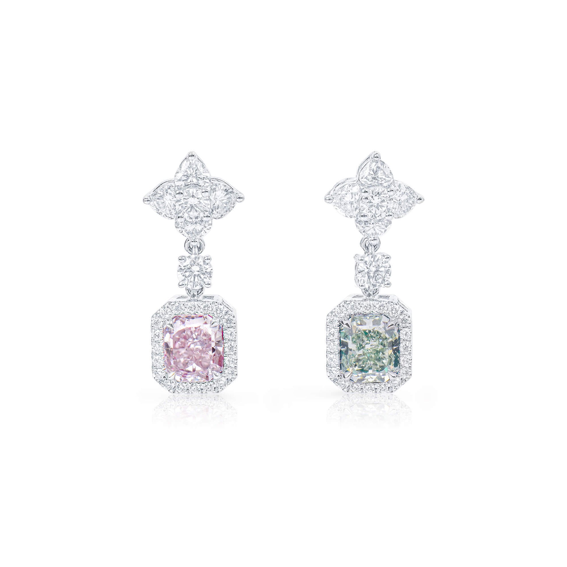 Pink And Green Diamond Drop Earrings, 2.78 Ct. TW, Radiant shape, GIA Certified
