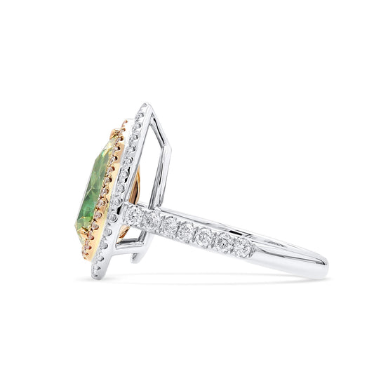 Natural Fancy Brownish Greenish Yellow Diamond Halo Ring, 18K White Gold, Pear Shape, 3.15 Ct. TW