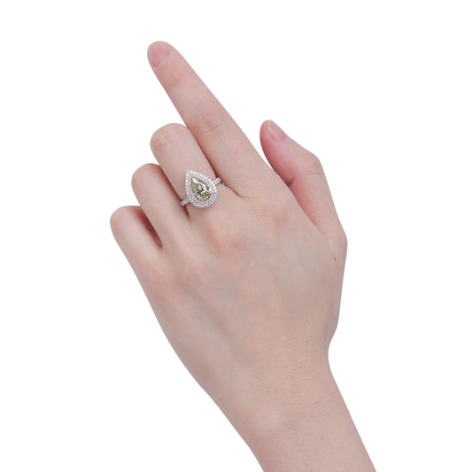 Natural Fancy Brownish Greenish Yellow Diamond Halo Ring, 18K White Gold, Pear Shape, 3.15 Ct. TW