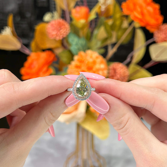 Natural Fancy Brownish Greenish Yellow Diamond Halo Ring, 18K White Gold, Pear Shape, 3.15 Ct. TW
