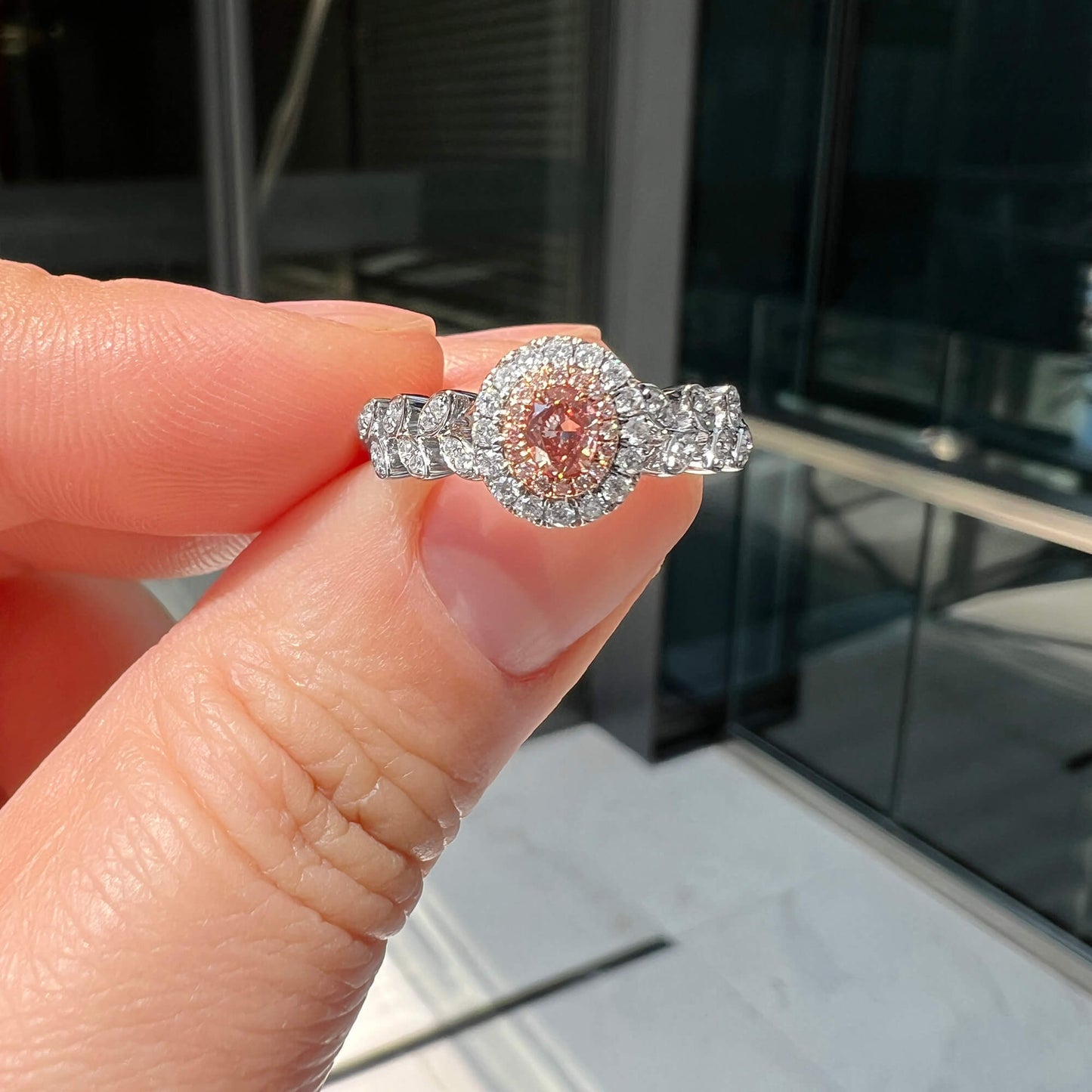 Natural Fancy Brownish Orangy Pink Diamond Halo Ring, 18K White & Rose Gold, Oval Shape, 0.38 Ct. TW