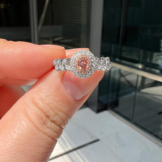 Natural Fancy Brownish Orangy Pink Diamond Halo Ring, 18K White & Rose Gold, Oval Shape, 0.38 Ct. TW