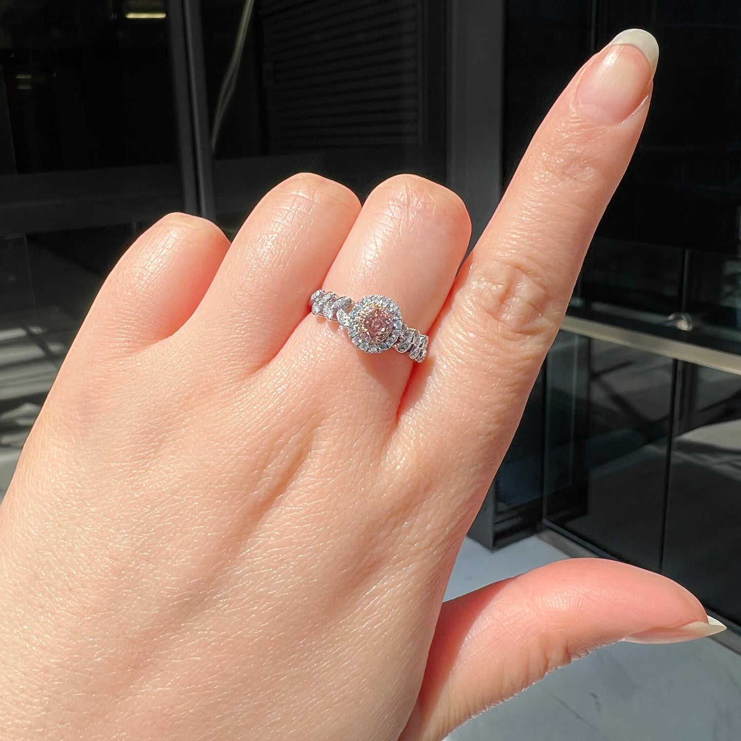 Natural Fancy Brownish Orangy Pink Diamond Halo Ring, 18K White & Rose Gold, Oval Shape, 0.38 Ct. TW