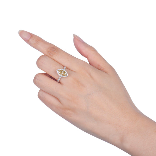 Natural Fancy Brownish Yellow Diamond Halo Ring, 18K White Gold, Marquise Shape, 2.49 Ct. TW