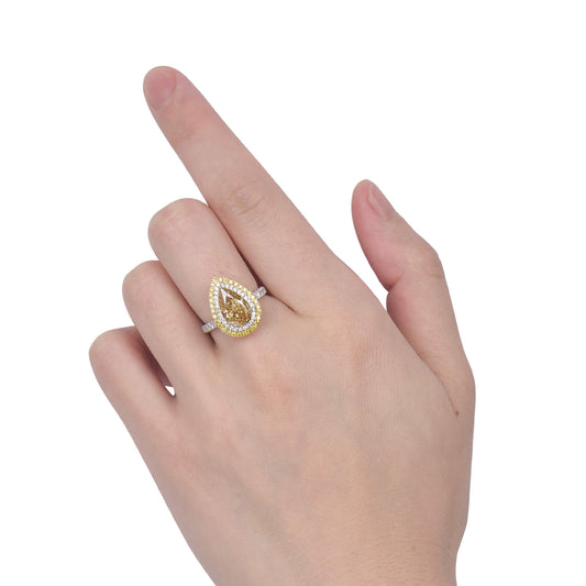 Natural Fancy Brownish Yellow Diamond Halo Ring, 18K White & Yellow Gold, Pear Shape, 3.23 Ct. TW