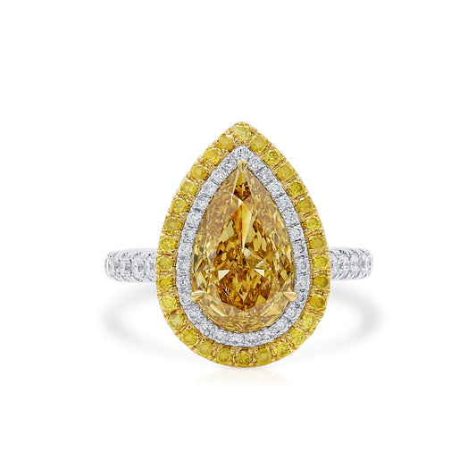 Natural Fancy Brownish Yellow Diamond Halo Ring, 18K White & Yellow Gold, Pear Shape, 3.23 Ct. TW