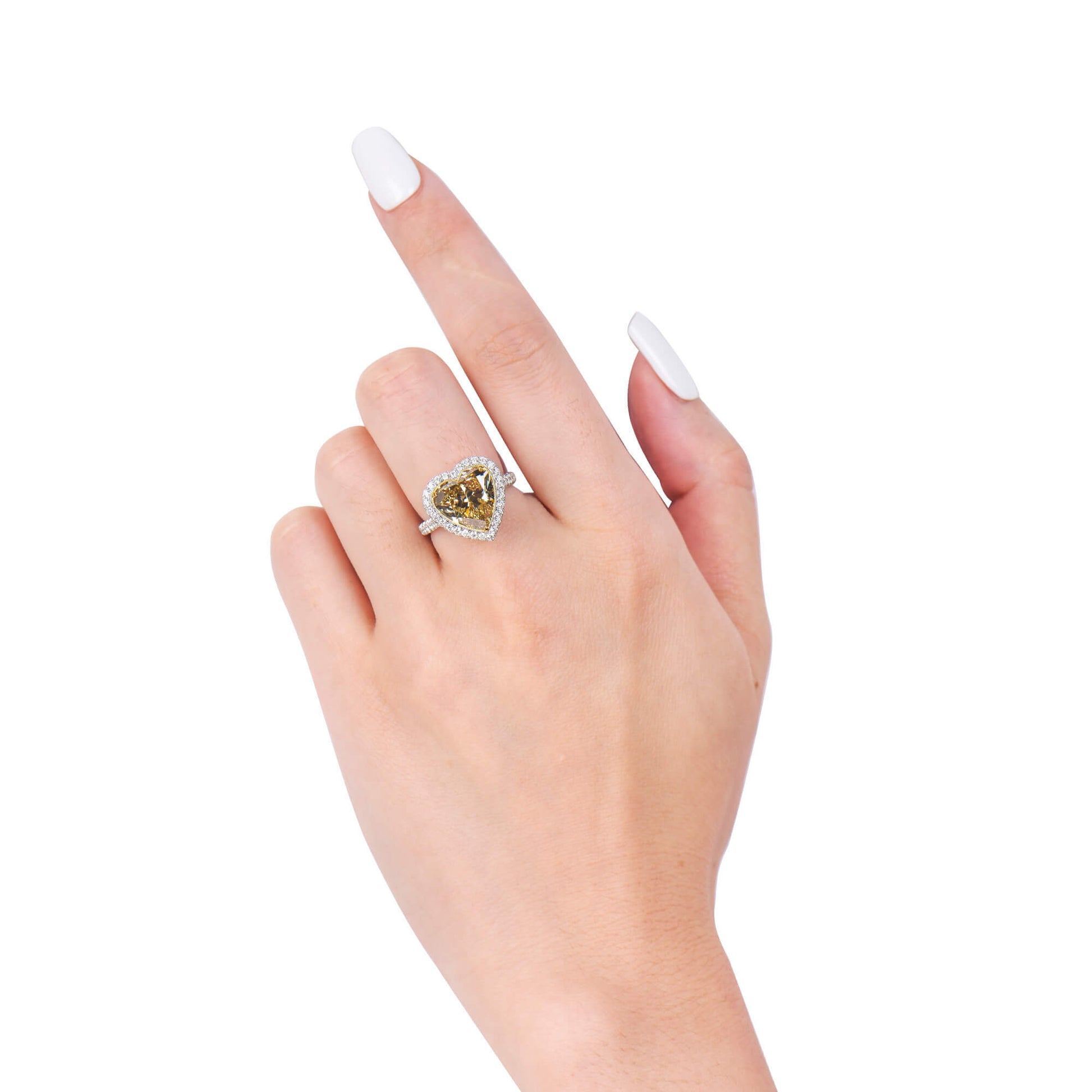 Natural Fancy Brownish Yellow Diamond Halo Ring, 18K White & Yellow Gold, Heart Shape, 8.64 Ct. TW