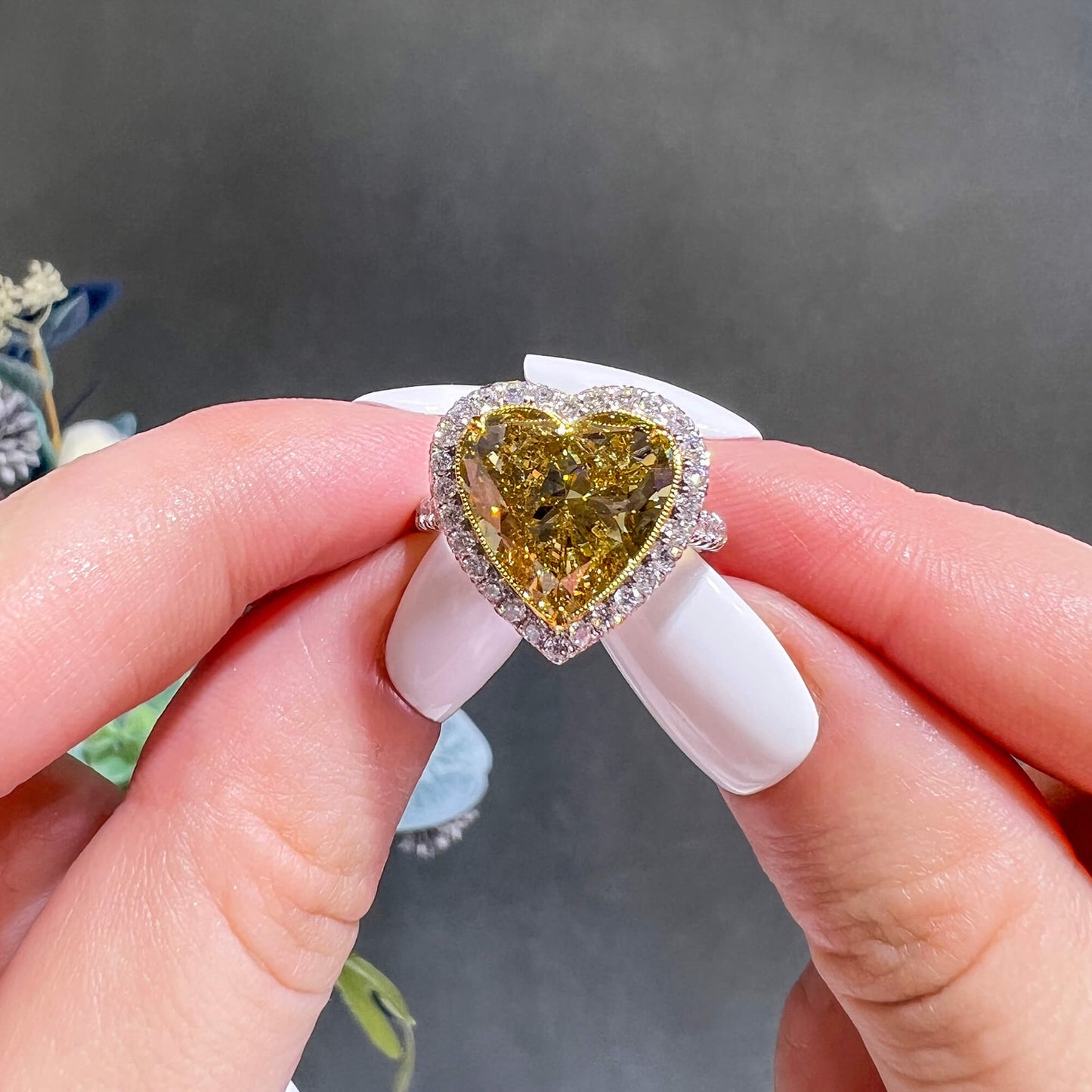 Natural Fancy Brownish Yellow Diamond Halo Ring, 18K White & Yellow Gold, Heart Shape, 8.64 Ct. TW