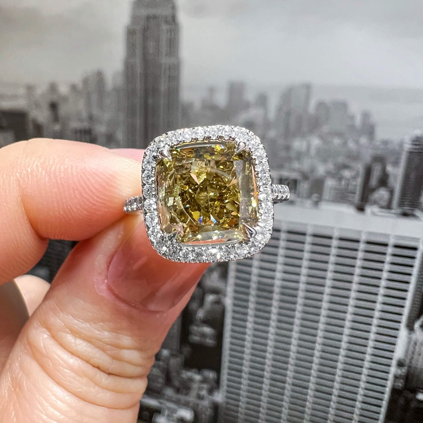 Natural Fancy Dark Brown-Greenish Yellow Diamond Halo Ring, 18K White Gold, Radiant Shape, 4.50 Ct. TW