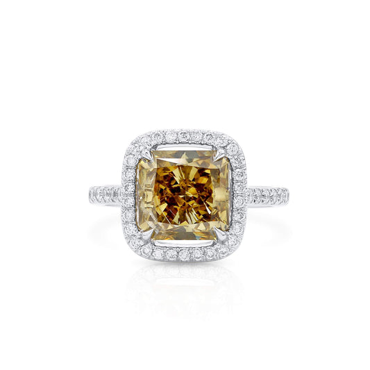 Natural Fancy Dark Brown-Greenish Yellow Diamond Halo Ring, 18K White Gold, Radiant Shape, 4.50 Ct. TW