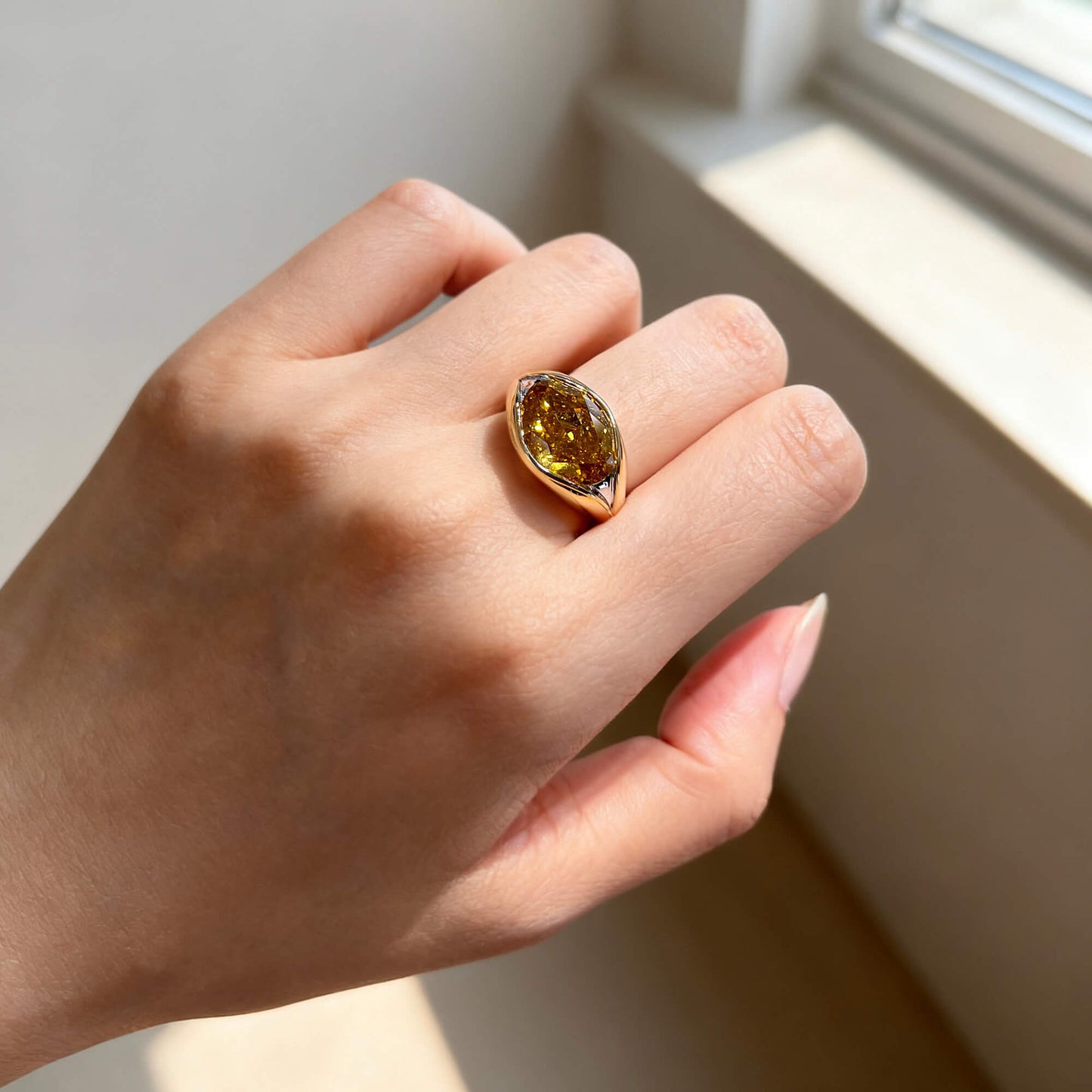 Natural 7.23 Ct. TW Fancy Deep Brownish Orangy Yellow Oval-Cut Diamond Ring, 18K White & Yellow Gold