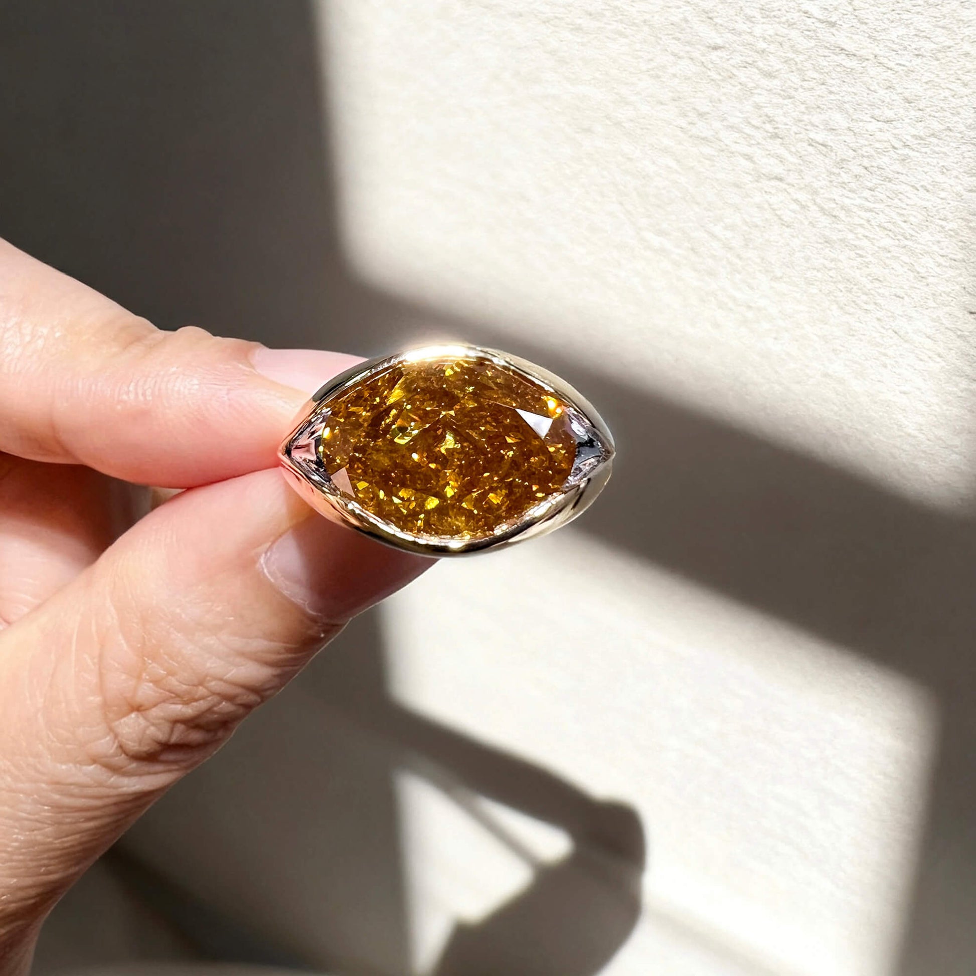 Natural 7.23 Ct. TW Fancy Deep Brownish Orangy Yellow Oval-Cut Diamond Ring, 18K White & Yellow Gold