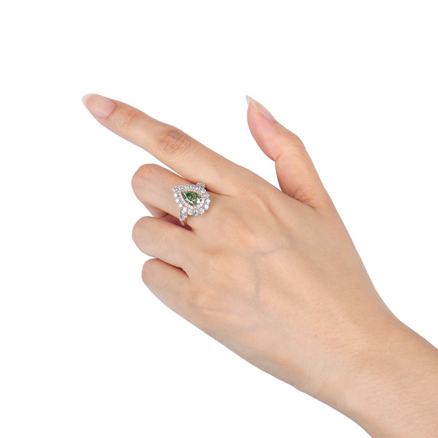 Natural Fancy Grayish Greenish Yellow Diamond Halo Ring, 18K White Gold, Pear Shape, 3.84 Ct. TW