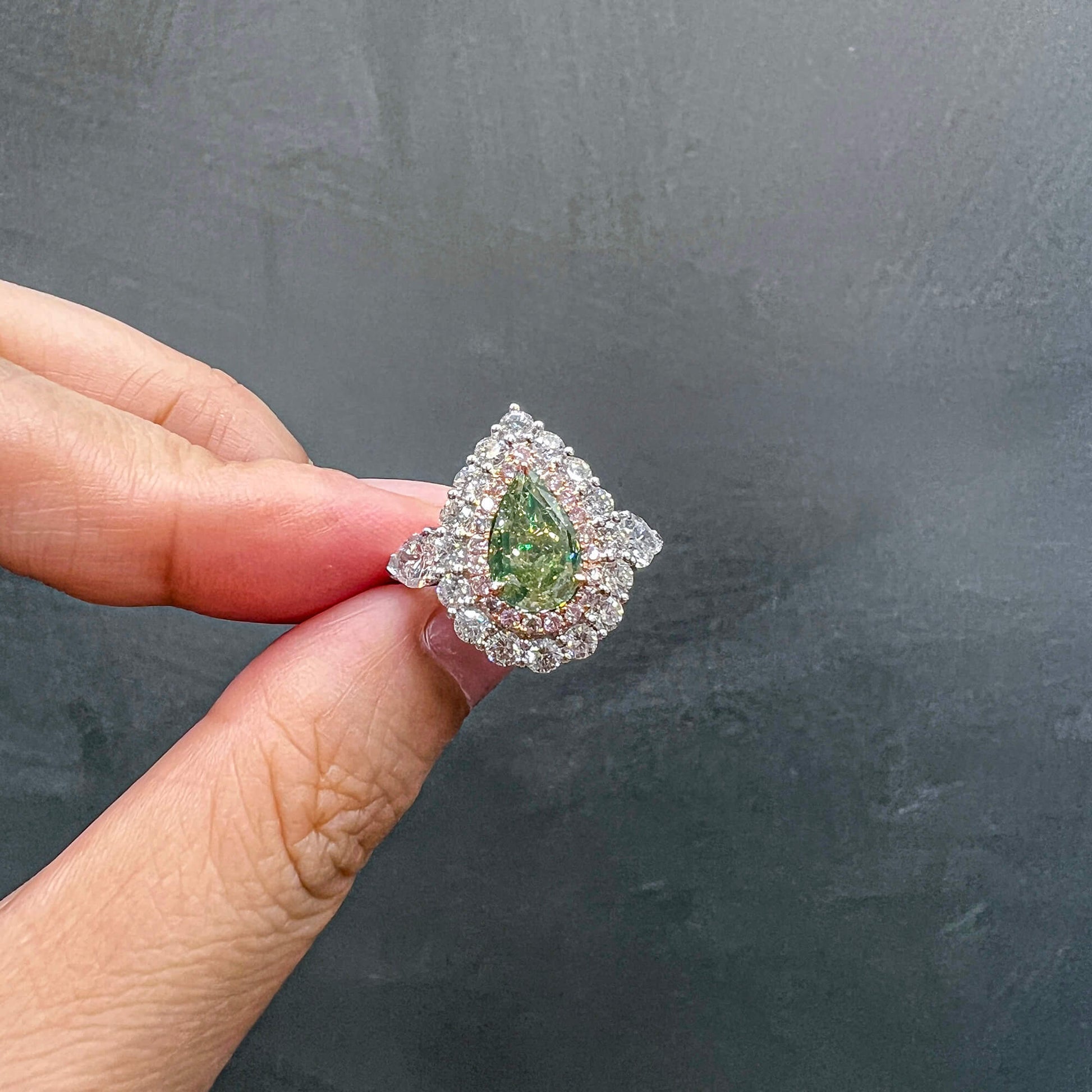 Natural Fancy Grayish Greenish Yellow Diamond Halo Ring, 18K White Gold, Pear Shape, 3.84 Ct. TW